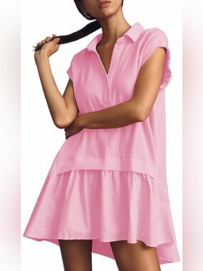 Fisoew Sweatshirt style  V Neck Oversized Patchwork Dress Small NWT PINK